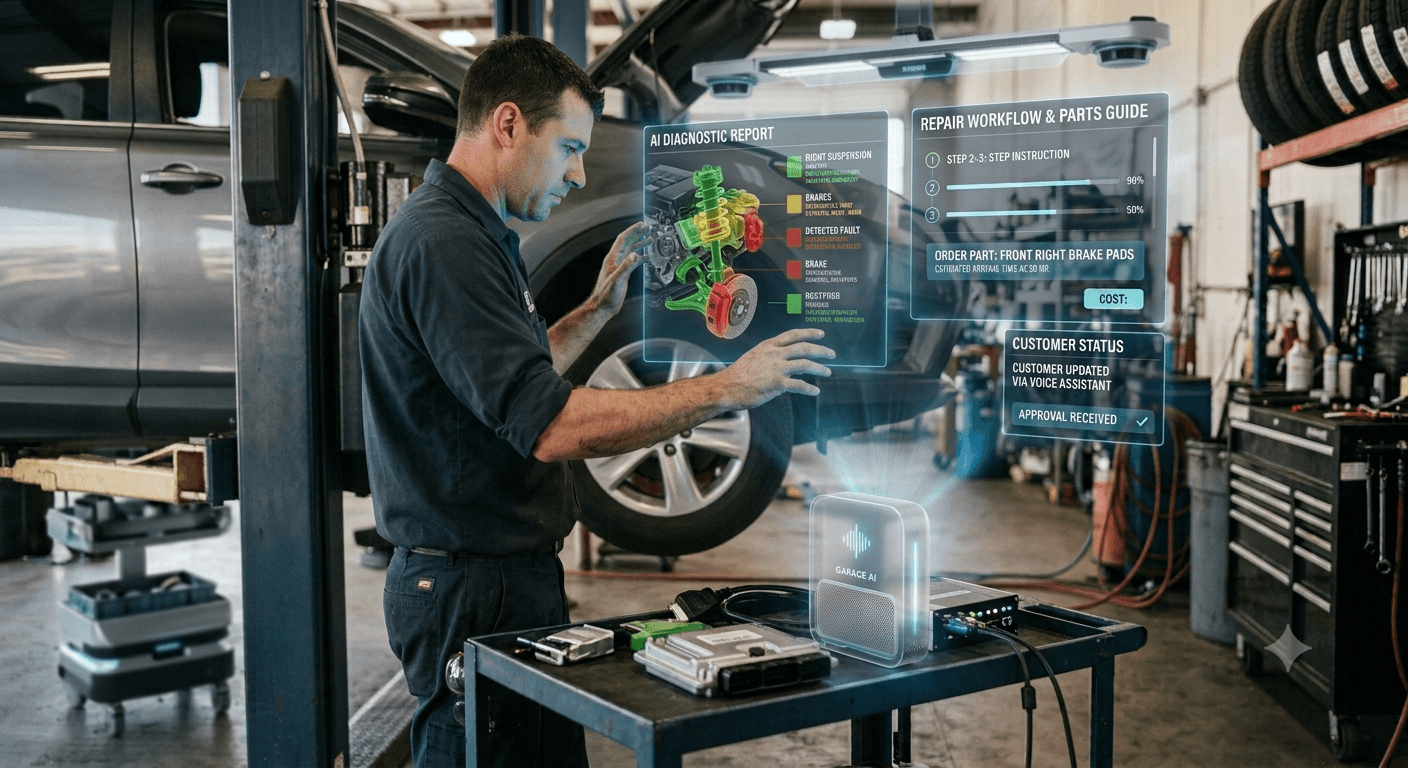 A mechanic reviewing an AI-assisted diagnostic overlay while working on a lifted vehicle in a workshop bay